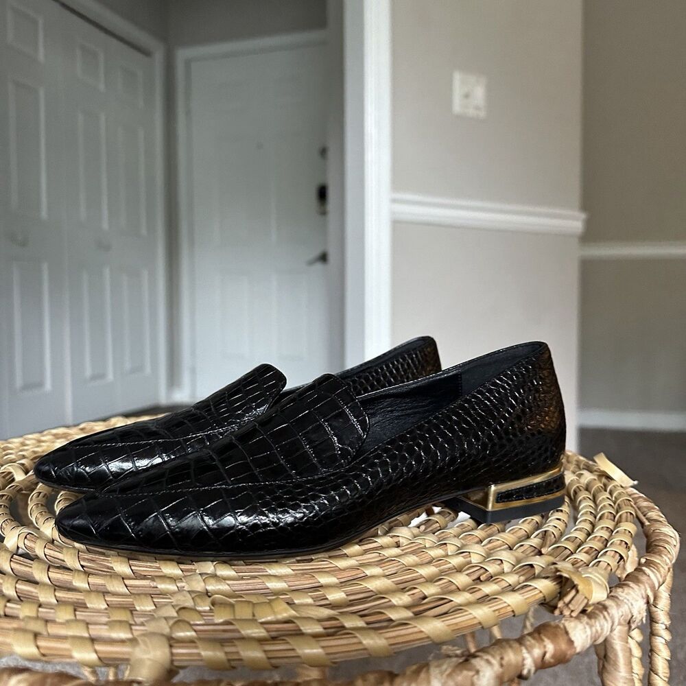 Aquatalia Women’s Loafer Perci Gold Black Crocodile Embossed Leather Size 5 $350 - Picture 2 of 14
